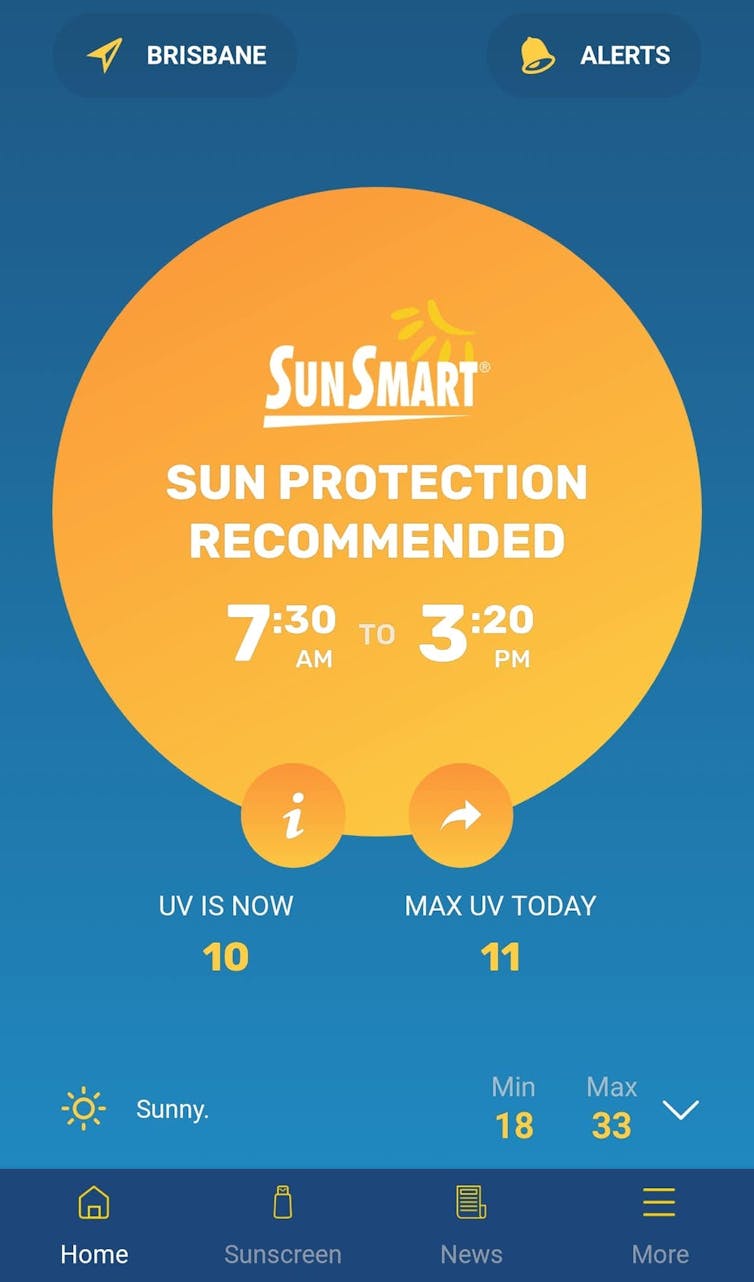 A screenshot of the SunSmart app showing the UV forecast for Brisbane and recommending sun protection between 7:30am and 3:20pm.
