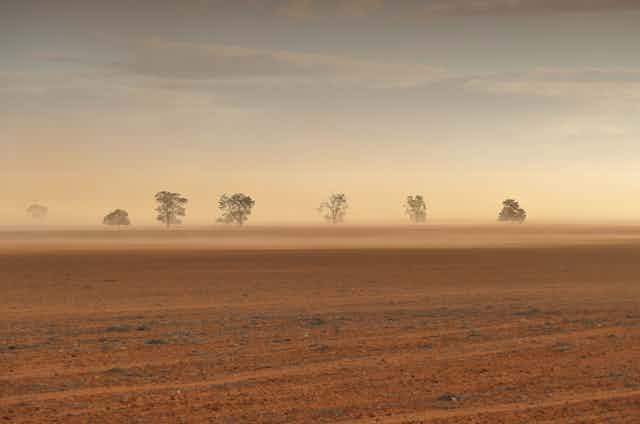 Dust storm on a dry, brown farm