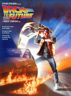 A poster of the original Back To The Future film showing the star Michael J Fox.
