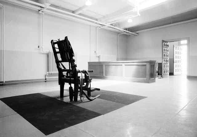 an empty electric chair in the Death House at Sing Sing Prison in Ossining, N.Y.