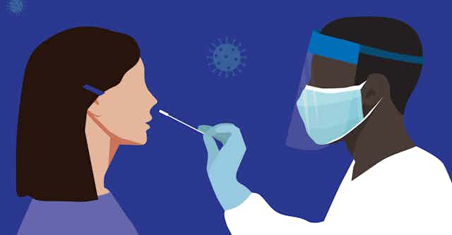 A drawing of a man in PPE administering a nasal swab to a woman.