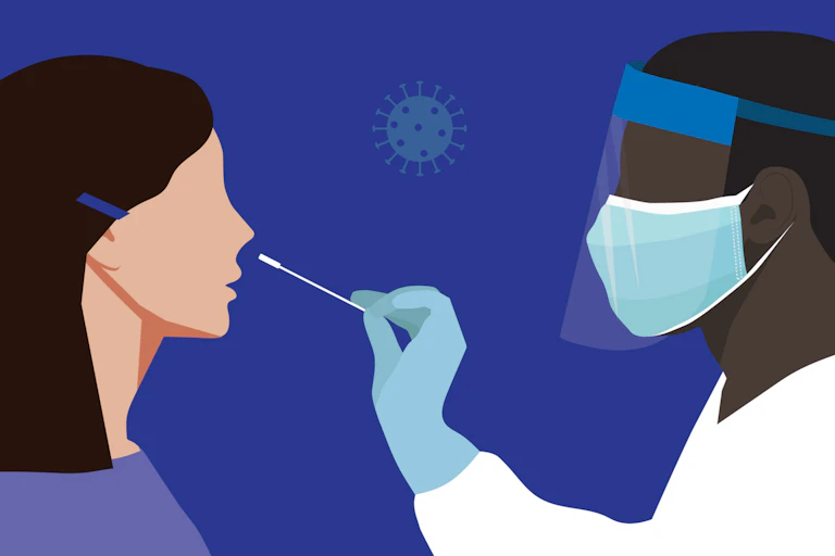 A drawing of a man in PPE administering a nasal swab to a woman.