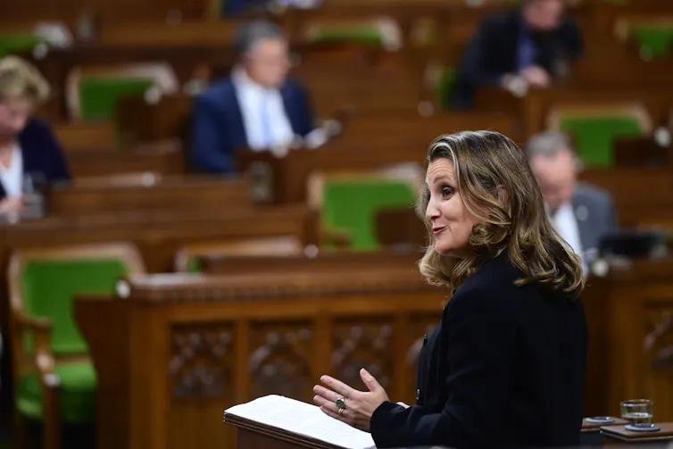 Chrystia Freeland gestures while speaking in the House of Commons.