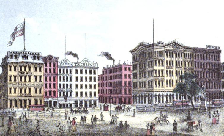 Newspaper headquarter buildings on Printing House Square in New York City, 1868.
