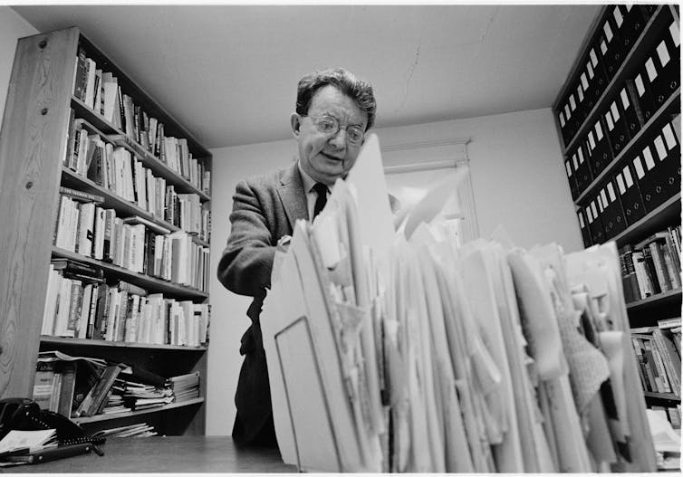 Journalist I.F. Stone in his office, Washington, D.C., in 1966.