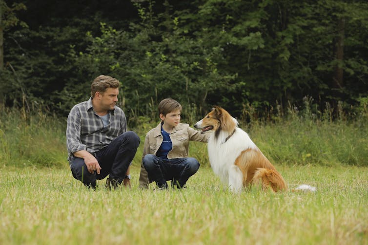 Dad, son and dog in a field.