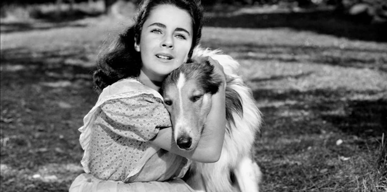 Girl with dog in black and white movies