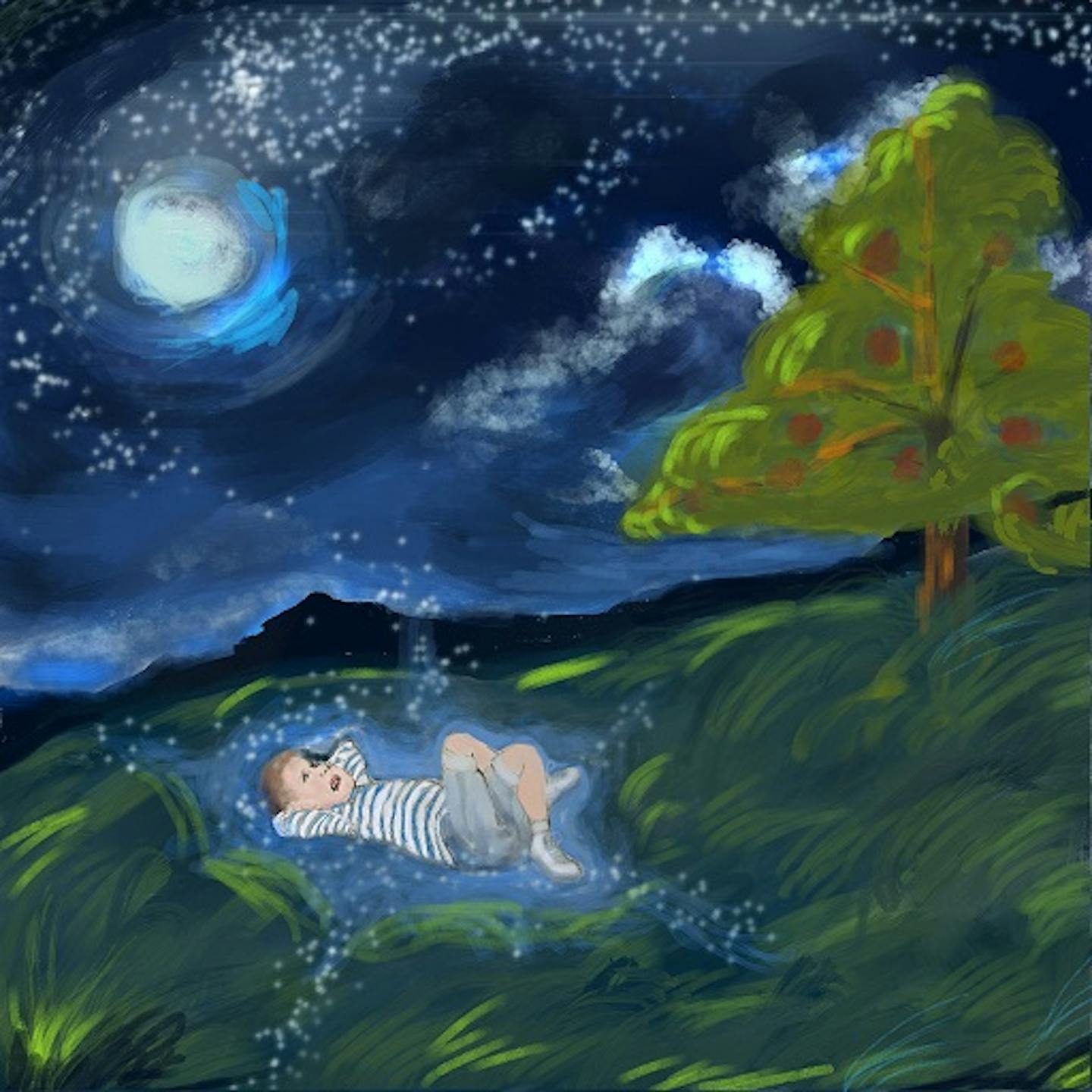 A painting of a child staring up at the stars
