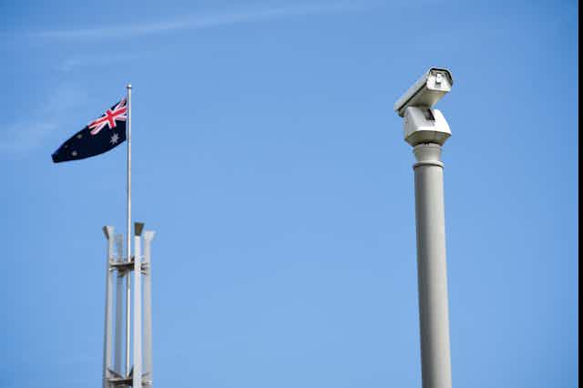 A CCTV camera next to an Australian flag