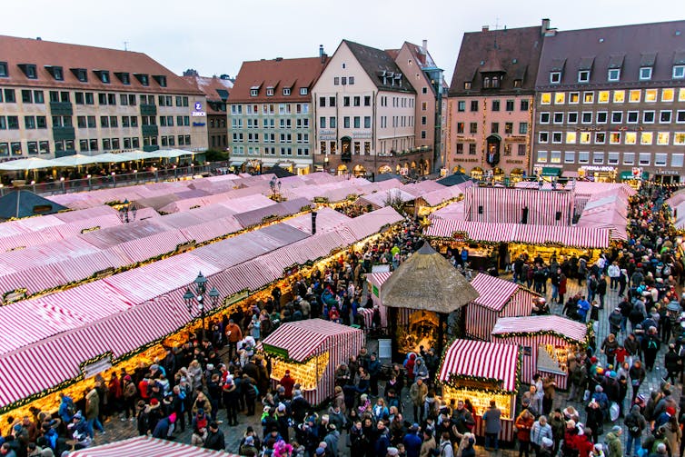 Aerial view of stalls in city square