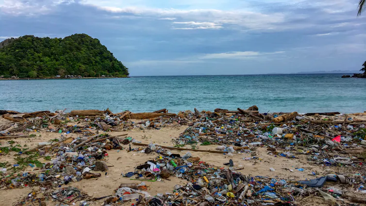 A tropical beach strewn with plastic waste.