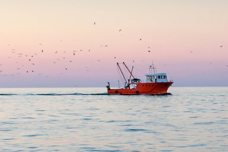 A red fishing boat bobs on a calm ocean.
