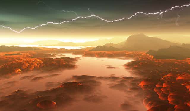 a red river of lava underneath a lightning strike