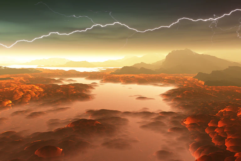 a red river of lava underneath a lightning strike