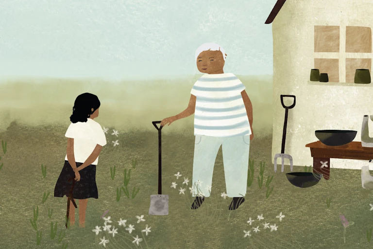 A girl and an Elder stand outside.