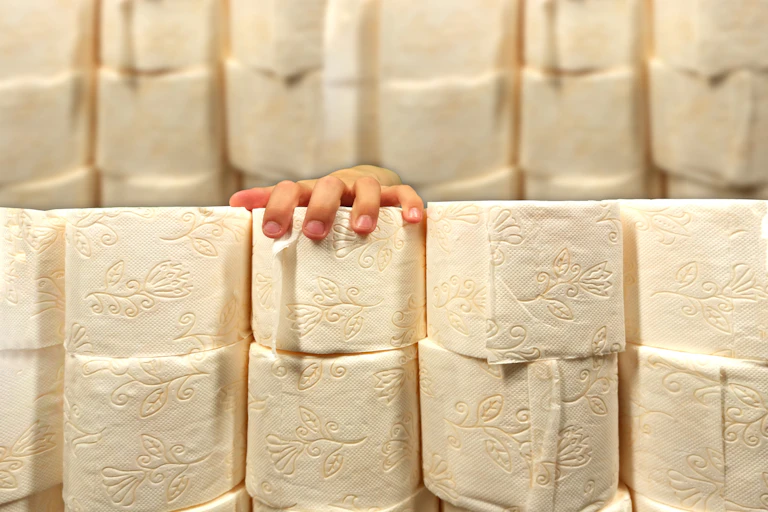 A hand reaches over a pile of toilet paper.