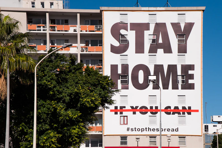 Advertising banner asking South Africans to stay home to reduce spread of COVID-19