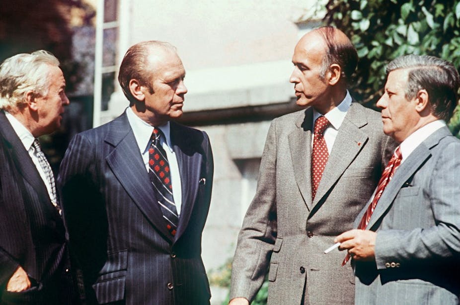 Valéry Giscard d'Estaing et les leaders britannique, américain et ouest-allemand en 1975. britannique, américain et ouest-allemand