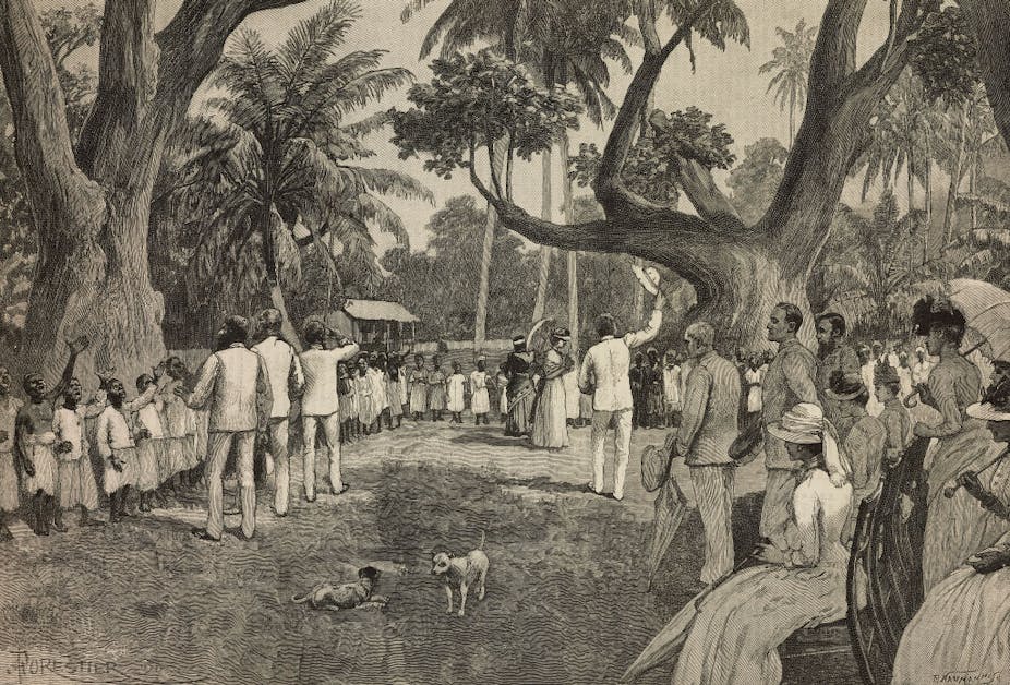 A historical drawing shows young black children singing while white people listen