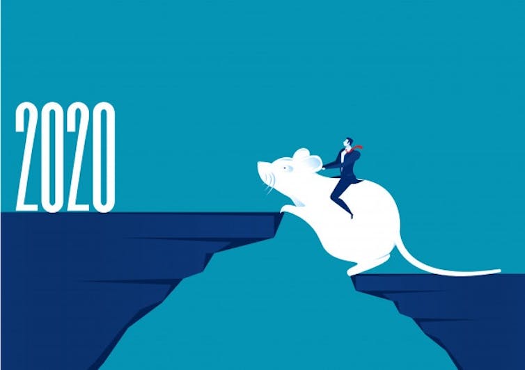 An illustration of a businessman sitting on a rat jumping up to a 2020 sign.