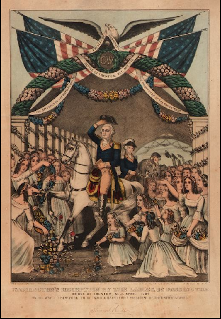 A lithograph showing George Washington being greeted by 'ladies' in Trenton.