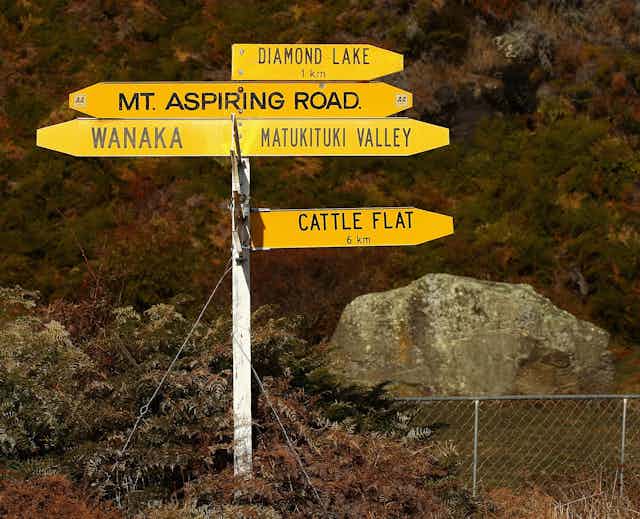 A road sign saying Mt Aspiring Road and other location.