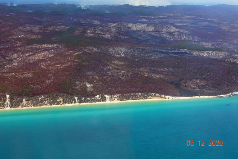 Aerial image showing burnt bushland by the ocean