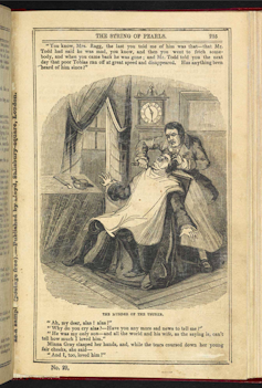 Illustration of Sweeney Todd murdering a victim in his barber's chair from  A String of Pearls.