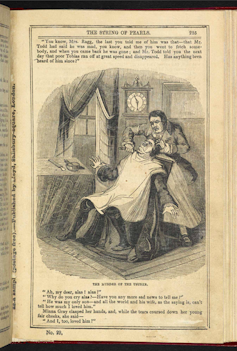 Illustration of Sweeney Todd murdering a victim in his barber's chair from A String of Pearls.