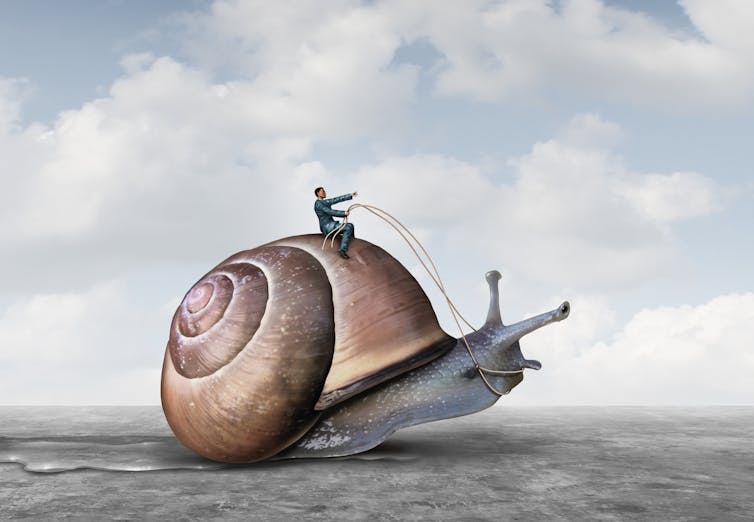 A computer generated image of a man riding a snail.