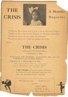 Yellowed print ad for The Crisis with photo of a young Black child and text.