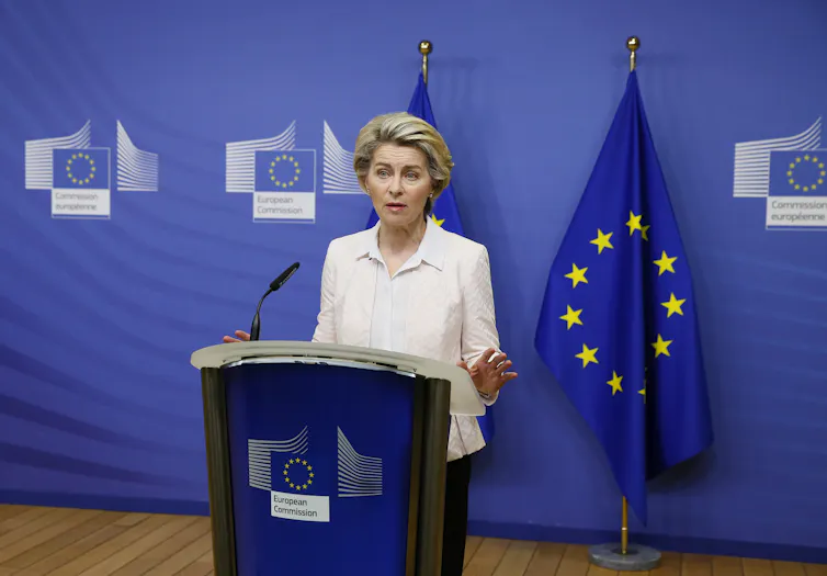 Ursula von der Leyen giving a press briefing.