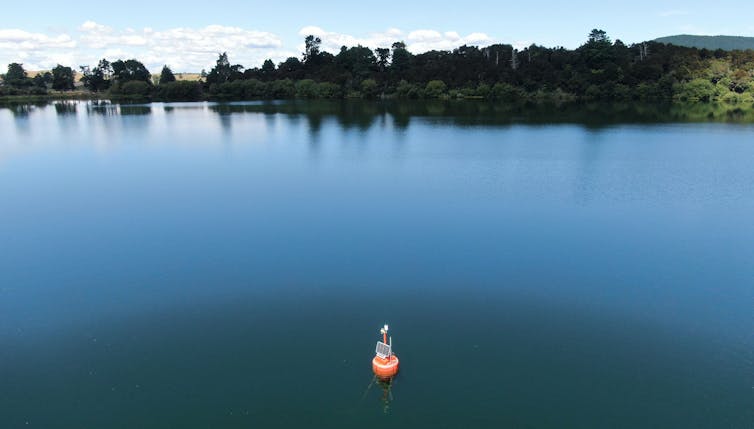 A monitoring buoy in a lake.