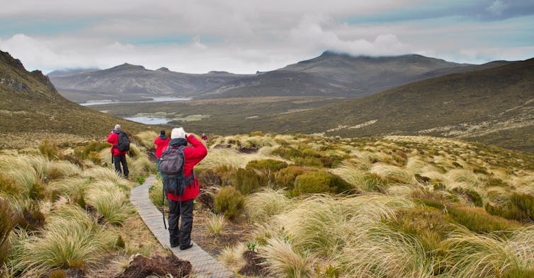 Walkers trekking in deserted landscape