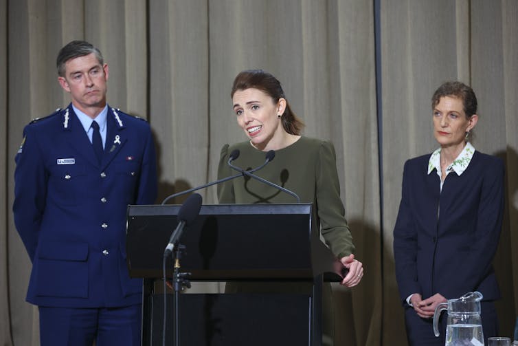 Jacinda Ardern with Police Commissioner Andrew Coster and Director-General of Security Rebecca Kitteridge