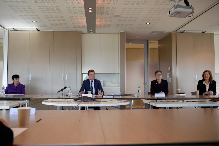 Business Council of Australia chief executive Jennifer Westacott, federal industrial relations minister Christian Porter and the Australian Council of Trade Unions' secretary Sally McManus and president Michele O’Neil at a roundtable meeting on June 3 202