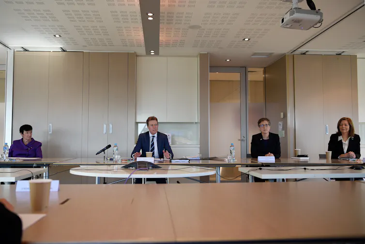 Business Council of Australia chief executive Jennifer Westacott, federal industrial relations minister Christian Porter and the Australian Council of Trade Unions' secretary Sally McManus and president Michele O’Neil at a roundtable meeting on June 3 202
