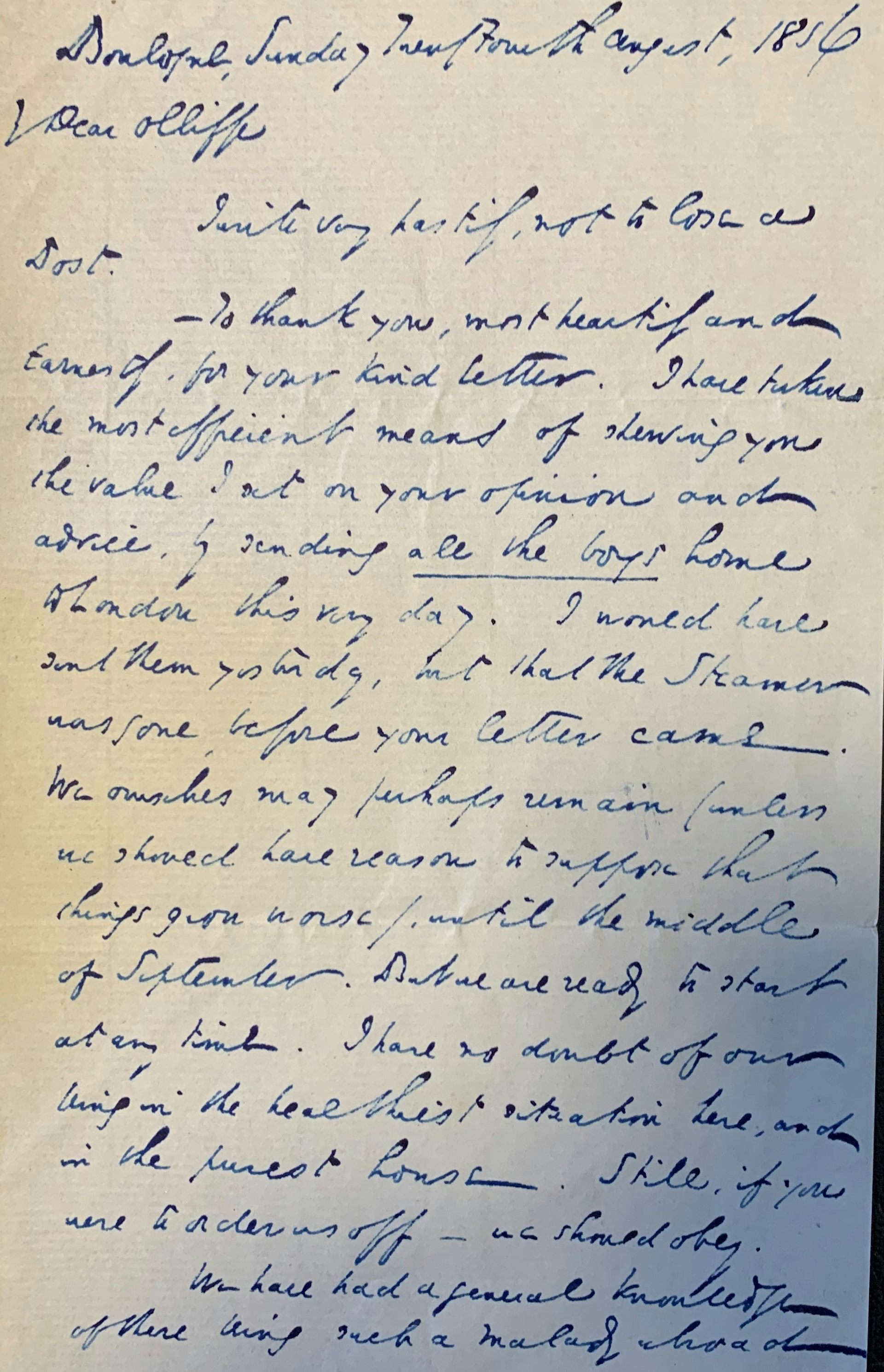 Foto af et brev skrevet af Charles Dickens