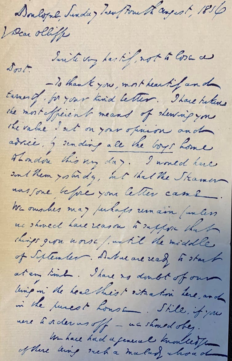 La carta que Dickens le escribió a James Olliffe, fechada el 24 de agosto de 1856. James McGrath Morris, CC BY