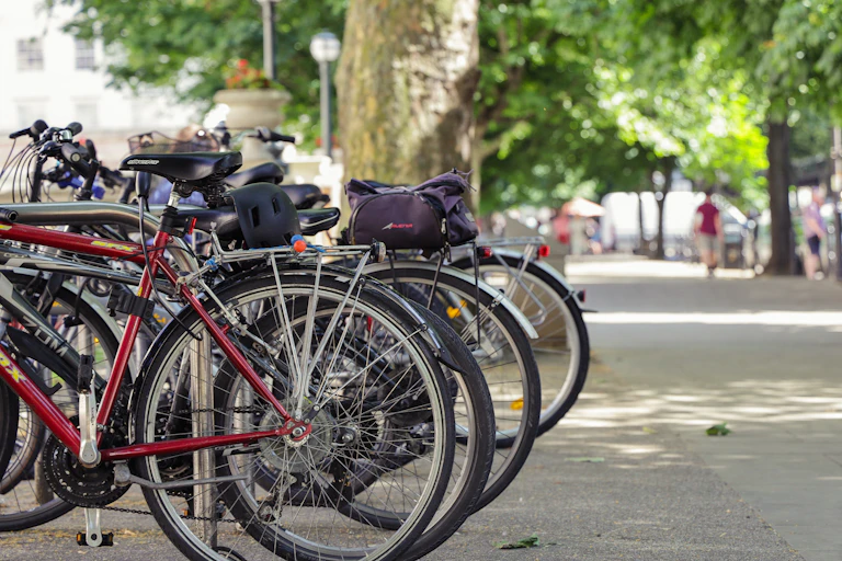 A row of parked bikes on a tree-lined British street.