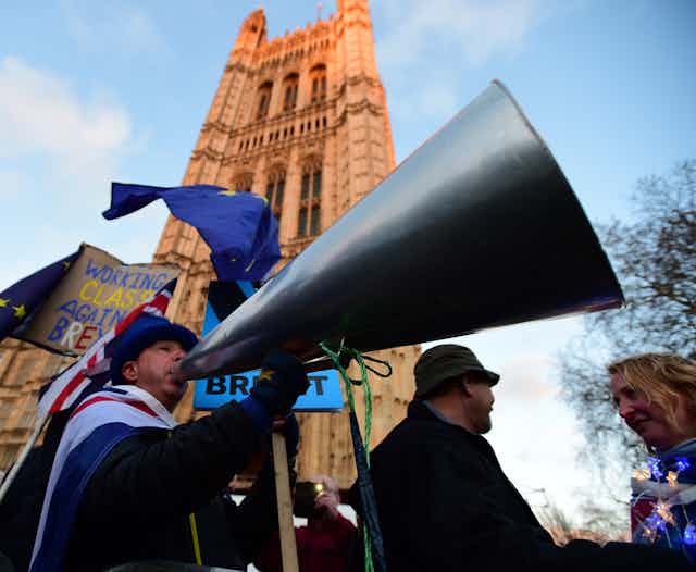 Brexit protester Steve Bray holds a giant megaphone.