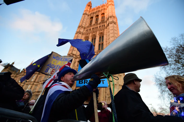 Brexit protester Steve Bray holds a giant megaphone.