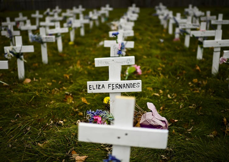Several rows of white crosses