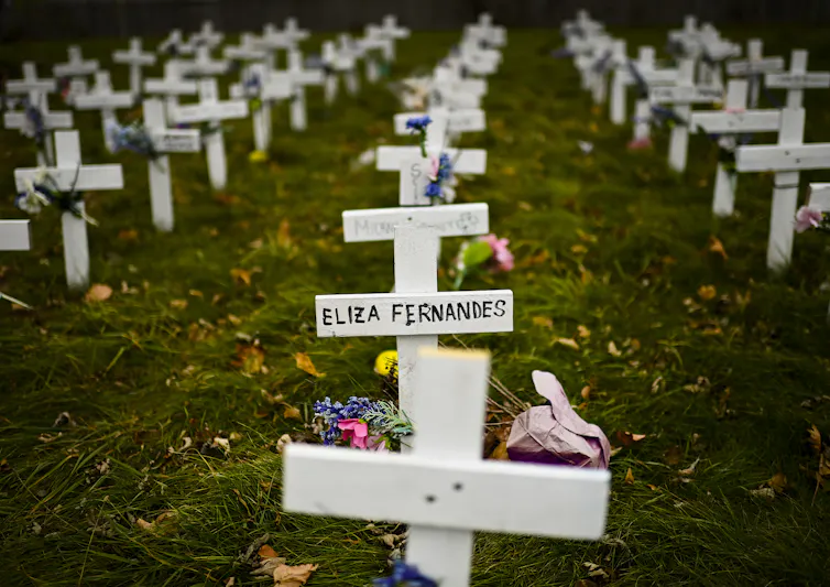 Several rows of white crosses
