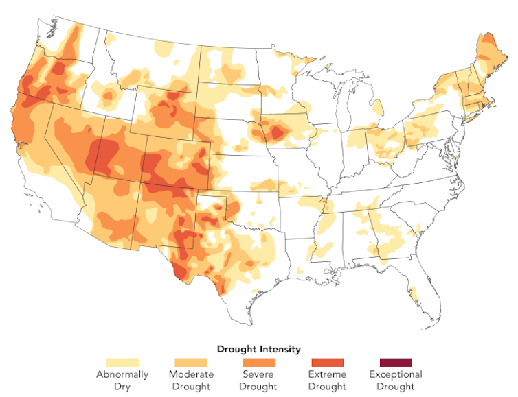 Map of the US showing much of the country in drought conditions.