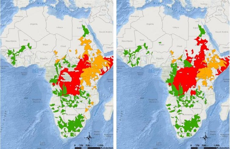 Map showing huge areas of central and east Africa under flood alerts.