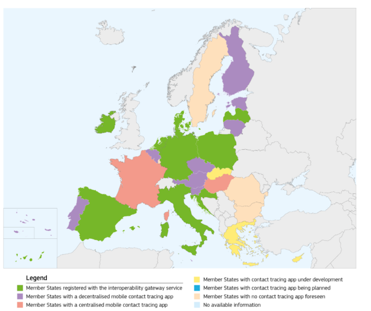 Map showing which EU member states have a contact tracing app using the 'gateway' system.