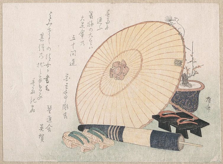 Antique Japanese artwork of umbrellas and traditional footwear.