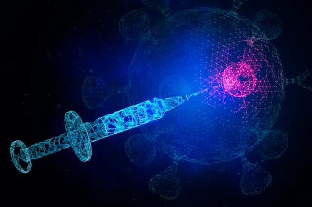 An illustration of a syringe pointing towards a SARS-CoV-2 virus.