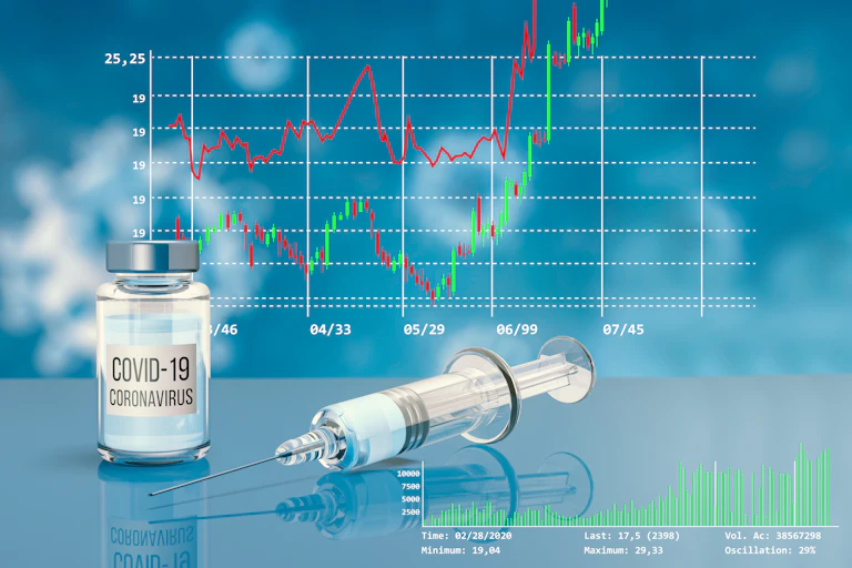 A vial of vaccine and a syringe in the foreground against financial graphs in the background